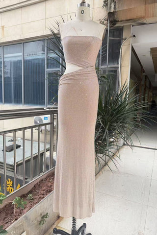 Textured Knit Strapless Cut-Out Long Dress with Draped Detail