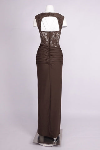 Lace Corset Draped Bodycon Long Dress with Cap Sleeves