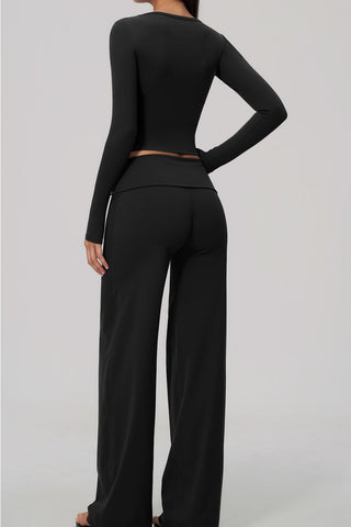 Scoop Neck Long Sleeve Top & Foldover Wide-Leg Pants Set