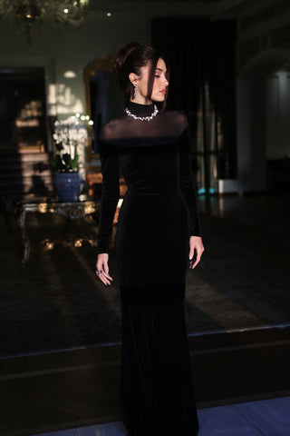 Velvet Mesh High Neck Long Dress – Long Sleeve Evening Gown