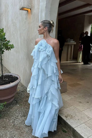 Floral Ruffle Organza Long Dress with Halter Neck