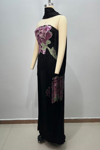 Floral Sequin Fringe Strapless Long Dress with Scarf