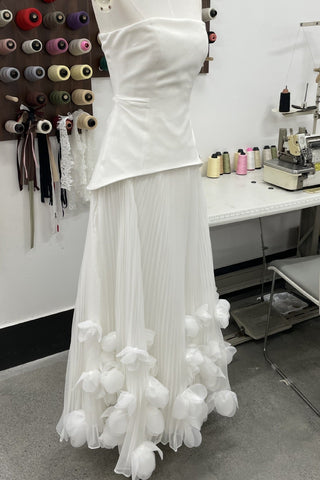Strapless Lace-Up Corset Long Dress with Pleated Skirt and 3D Floral Trim