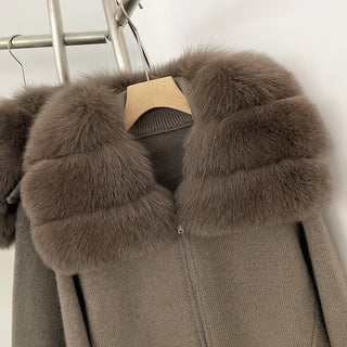 Faux Fur Collar Knitted Zip-Up Jacket