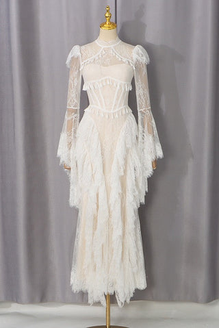 Lace Corset Long Dress with Ruffle Layers & Flared Sleeves
