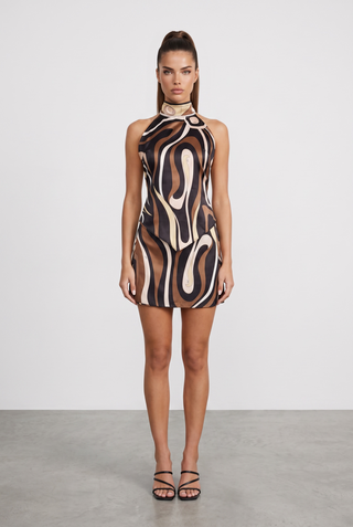 Abstract Swirl Print Satin Halter Top & High-Waisted Mini Skirt Set