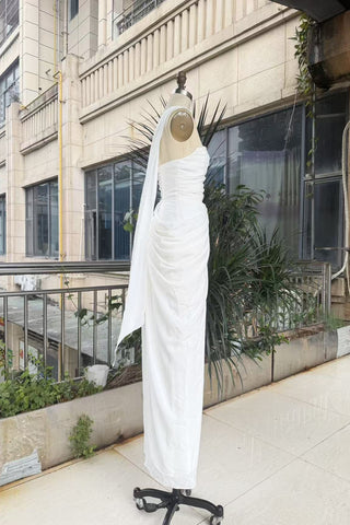Strapless Ruched Long Dress with Lace-Up Back & High Slit