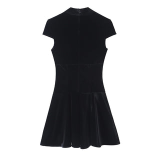 Velvet Cap Sleeve Mini Dress with Deep V-Neck and Flared Hem