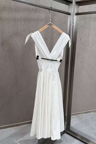 Tie-Shoulder V-Neck Open Back Flared Midi Dress