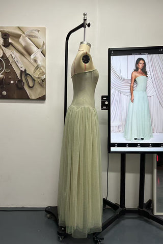 Strapless Chiffon Long Dress – Flowy Draped Fit, Sculpted Shape, Soft Feminine Elegance