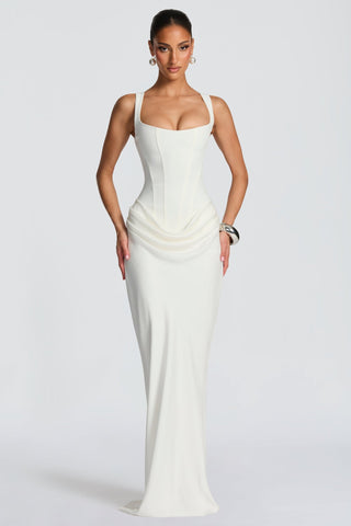 Structured Corset Draped Bodycon Long Dress with Wide Straps