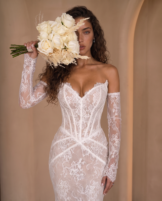 Floral Lace Corset Off-Shoulder Long Dress with Sheer Lace Sleeves