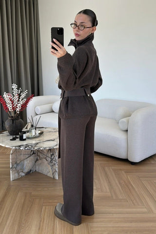 Elegant Ribbed Knit Belted Jacket & Wide Leg Pants Set