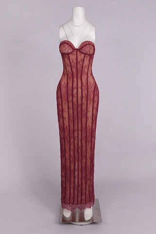 Sheer Lace Corset Strapless Long Dress with Lace-Up Back