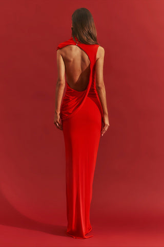 Open Back High Neck Long Evening Dress with Draped Detail
