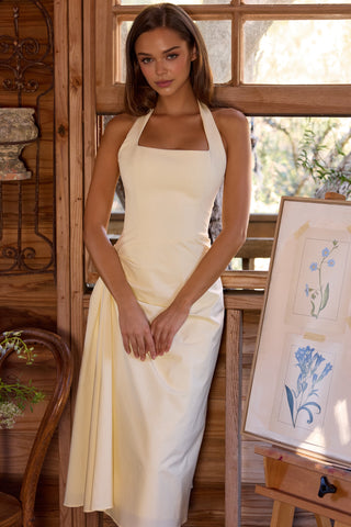 Halter Neck Midi Dress – Draped Waist & Open Back