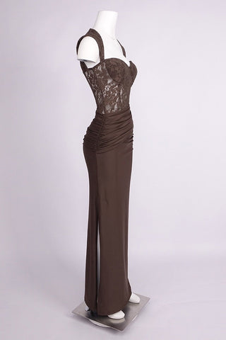 Lace Corset Draped Bodycon Long Dress with Cap Sleeves