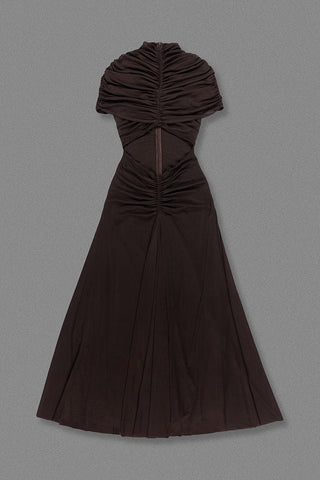 Ruched Mesh Short Sleeve Cut-Out Long Dress
