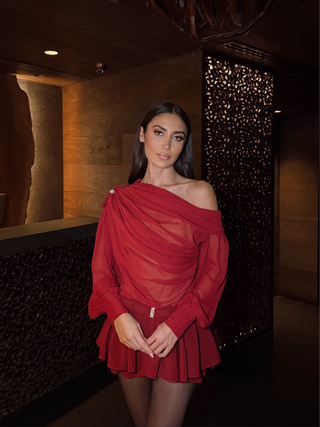 Elegant Long-Sleeve Oblique Shoulder Sheer Top and Skort Set