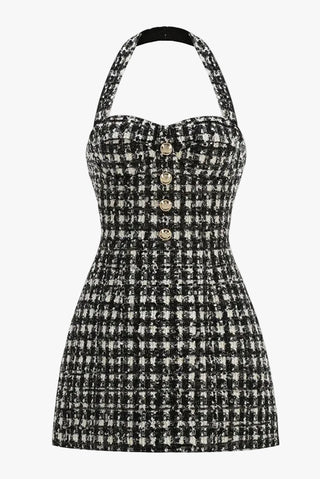 Tweed Halter Neck Button Mini Dress