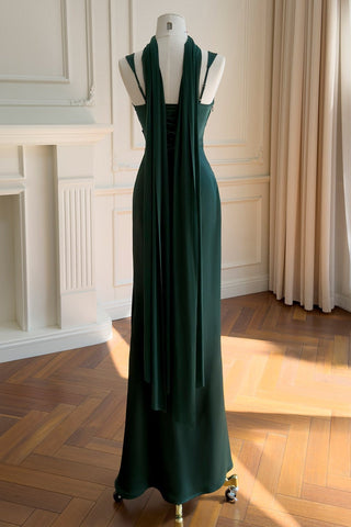 Ruched Square Neck Sleeveless Satin Draped Back Long Dress