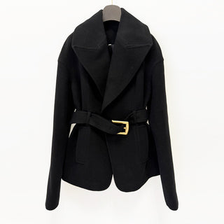 Wool-Blend Belted Short Coat with Oversized Lapel Collar