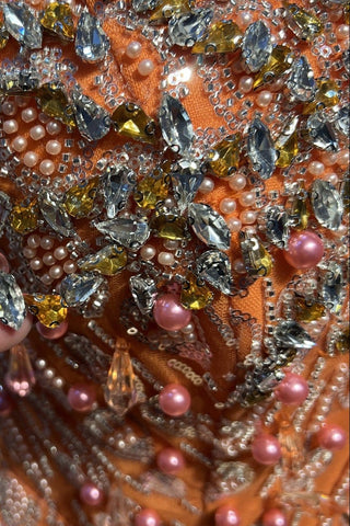 Pearl & Crystal Embellished Strapless Long Dress