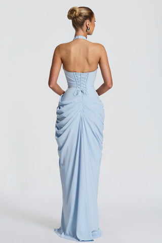 Draped Halter Corset Long Dress with High Slit