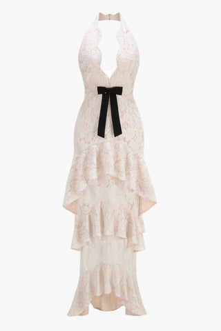 Floral Lace Halter Long Dress with Tiered Ruffles & Bow Detail