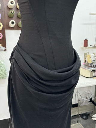 Structured Corset Back Long Dress with Draped Silhouette