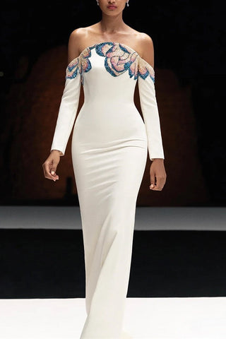 Off-Shoulder Long Sleeve Crepe Long Dress with Hand-Beaded Floral Embellishment