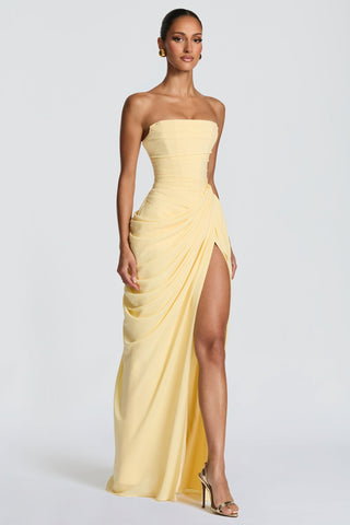Strapless Ruched Long Dress with High Slit – Draped Waist & Smooth Fit