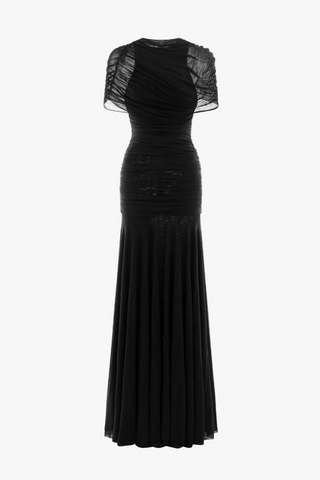 Ruched Off-Shoulder Long Dress – Draped Top & Flowing Skirt