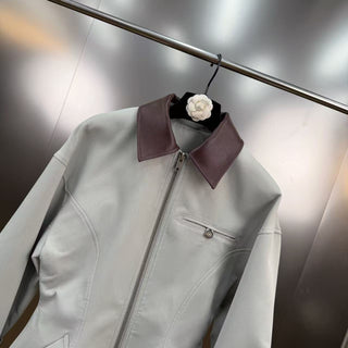 Contrast Faux Leather Collar Long Sleeve Tailored Zip-Up Jacket