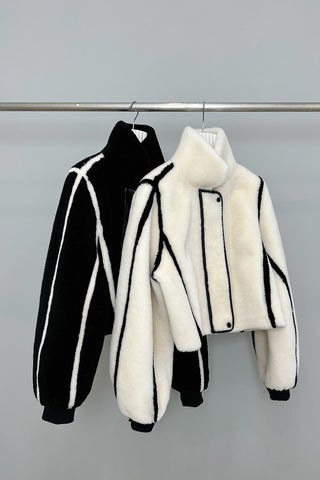 Plush Teddy Shearling Contrast Trim High-Neck Cropped Jacket