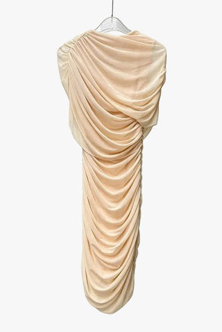 Ruched Mini Bodycon Dress with High Neck, Short Sleeves & Draped Overlay