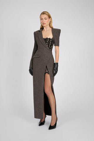 Asymmetric Lace Panel Blazer Long Dress