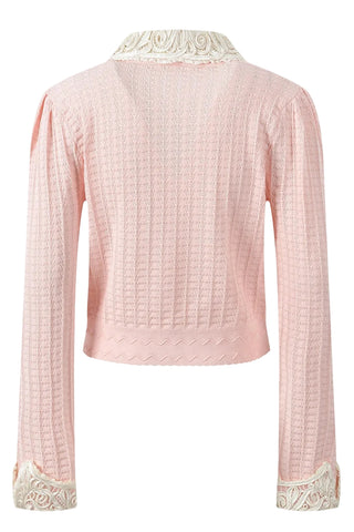 Embroidered Collar Long Sleeve Pointelle Knit Cardigan