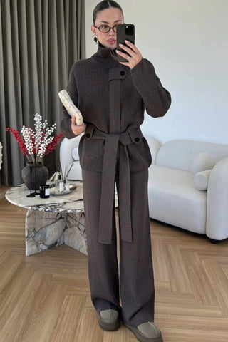 Elegant Ribbed Knit Belted Jacket & Wide Leg Pants Set