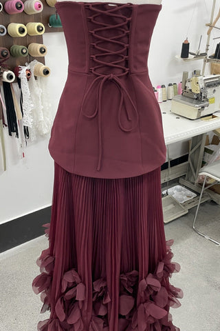 Strapless Lace-Up Corset Long Dress with Pleated Skirt and 3D Floral Trim