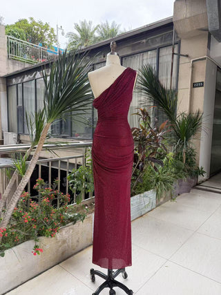 One-Shoulder Shimmer Mesh Long Evening Dress