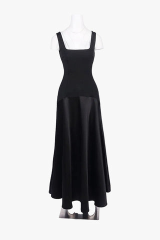Square Neck Fitted Bodice Long Dress with Flared Satin Skirt