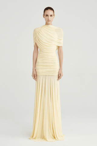 Ruched Off-Shoulder Long Dress – Draped Top & Flowing Skirt