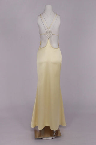 Satin Halter Long Dress with Crystal Open Back Detail