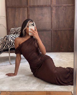One-Shoulder Shimmer Mesh Long Evening Dress