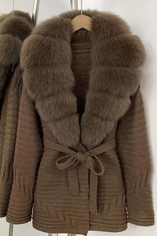 Belted Winter Coat with Faux Fur Collar – Long Sleeve Textured Fabric Jacket