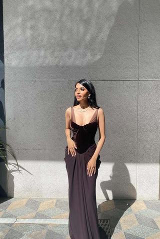 Sleeveless Velvet Corset Long Dress with Mesh Straps & Draped Chiffon Skirt