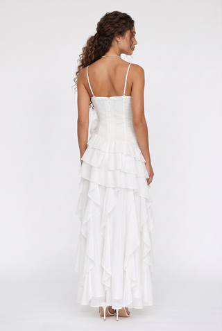 Statement Pleated Strapless Corset Long Dress with Dramatic Ruffles & Floral Detail