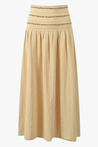 Gold Beaded Short Sleeve Cardigan & Pleated Long Skirt Set