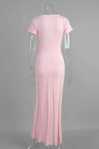 Ribbed Knit Sculpted Panel Short Sleeve Long  Dress